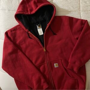 Carharrt Men’s Red Zip Up Sweatshirt Quilted Insulated Lined Workwear Hoodie